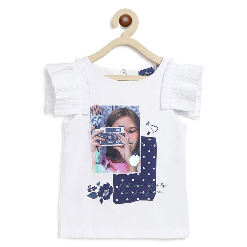 Girls White Graphic Printed Cap Sleeves T-Shirt image number 0